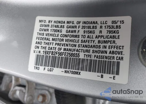 2015 Honda Civic Lx z USA, uszkodzony, nr VIN 19XFB2F56FE258655